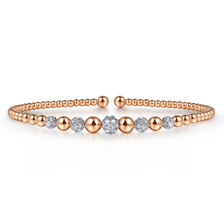 14K White-Rose Gold Bujukan Bead Cuff Bracelet with Pave Diamond Stations - 0.35 ct - Shot 1