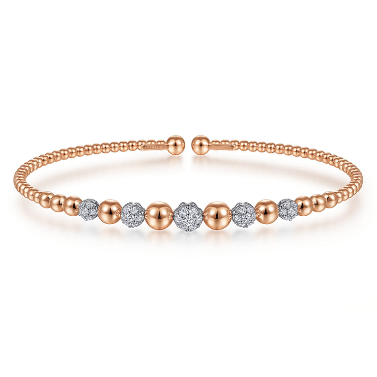 14K White-Rose Gold Bujukan Bead Cuff Bracelet with Pave Diamond Stations - 0.35 ct - Shot 1