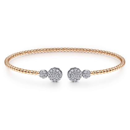 14K White Rose Gold Bujukan Bead Split Cuff with Round Diamond Pav¿ª Caps