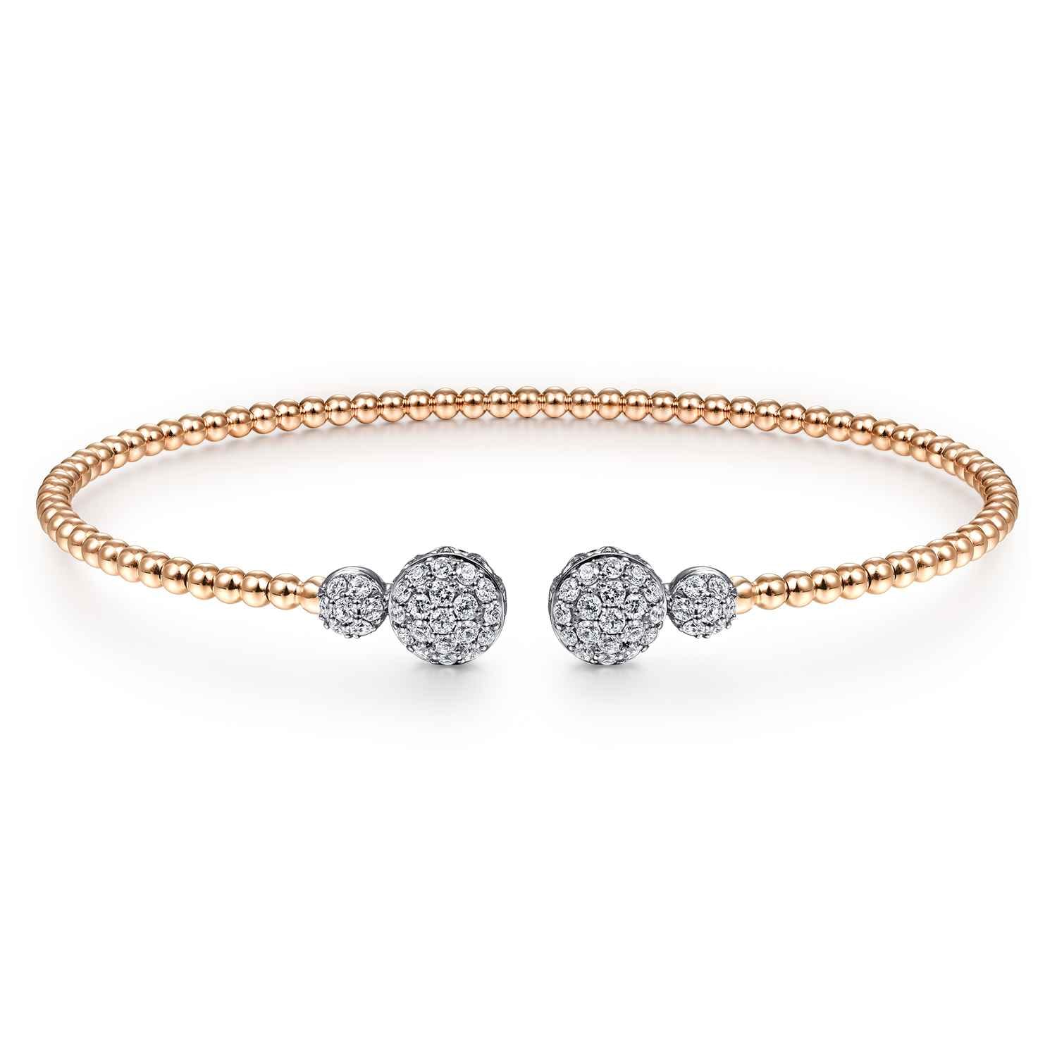 14K White Rose Gold Bujukan Bead Split Cuff with Round Diamond Pave Caps - 0.46 ct - Shot 1