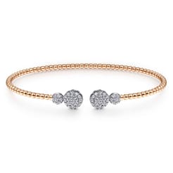 14K White Rose Gold Bujukan Bead Split Cuff with Round Diamond Pave Caps