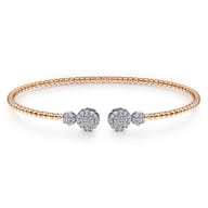 14K White Rose Gold Bujukan Bead Split Cuff with Round Diamond Pave Caps