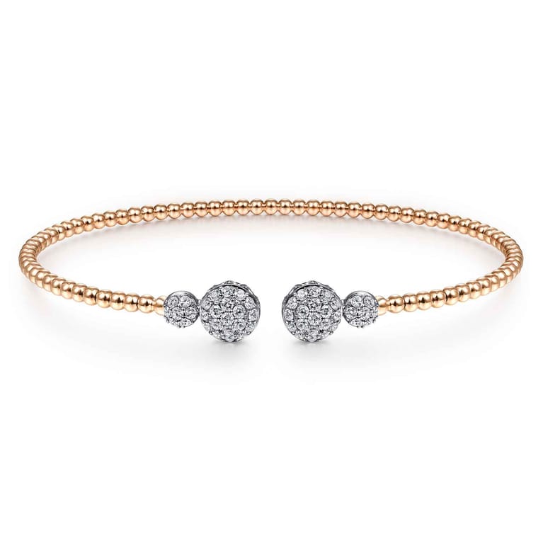 14K White Rose Gold Bujukan Bead Split Cuff with Round Diamond Pave Caps - 0.46 ct - Shot 1