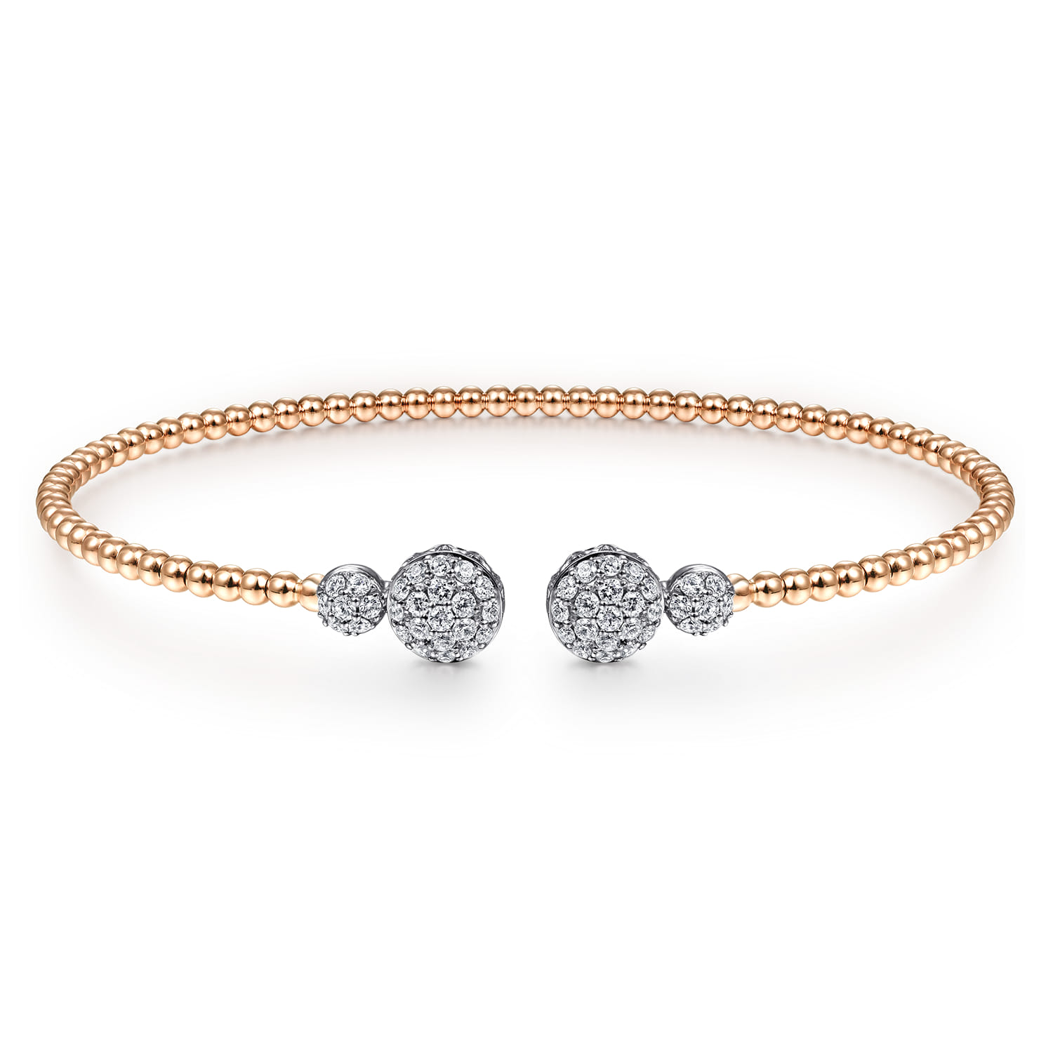 14K White Rose Gold Bujukan Bead Split Cuff with Round Diamond Pave Caps - 0.46 ct - Shot 1