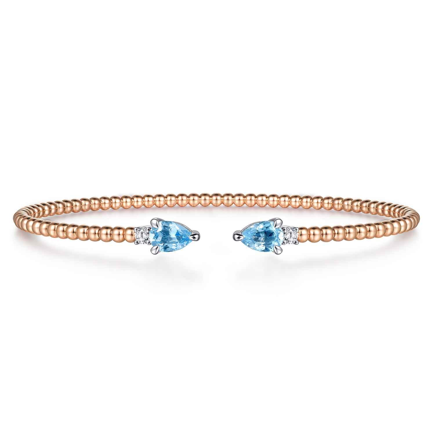 14K White-Rose Gold Bujukan Open Cuff Bracelet with Blue Topaz and Diamond End Caps - 0.09 ct - Shot 1