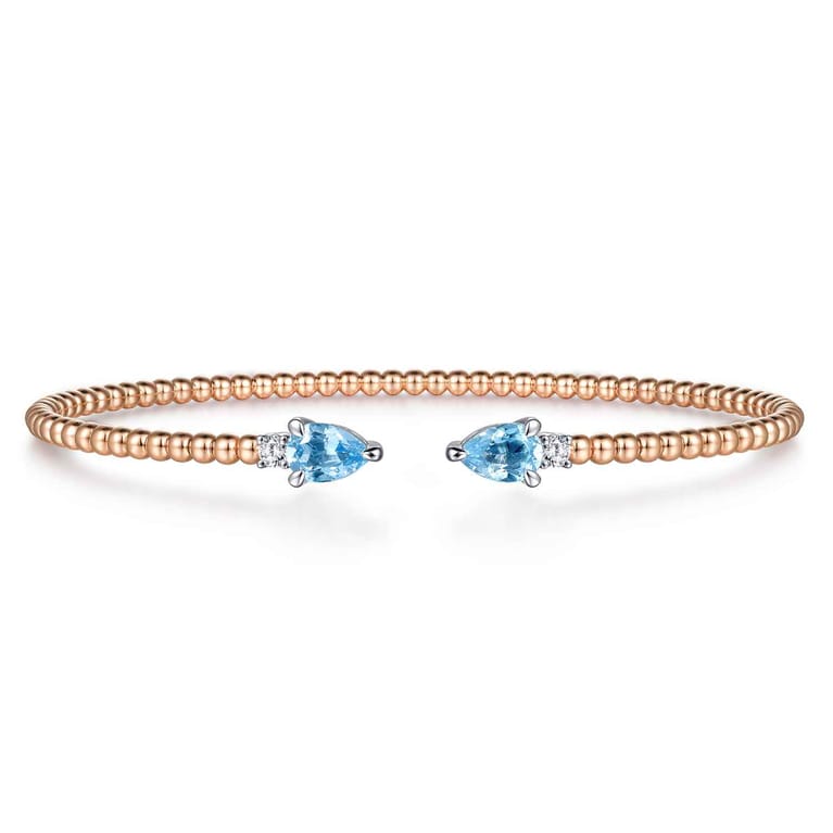 14K White-Rose Gold Bujukan Open Cuff Bracelet with Blue Topaz and Diamond End Caps - 0.09 ct - Shot 1