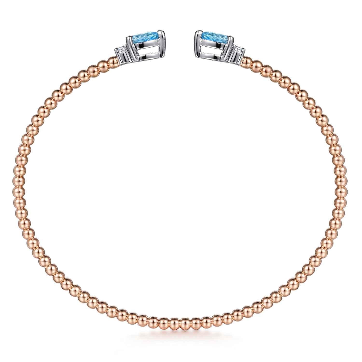 14K White-Rose Gold Bujukan Open Cuff Bracelet with Blue Topaz and Diamond End Caps - 0.09 ct - Shot 3