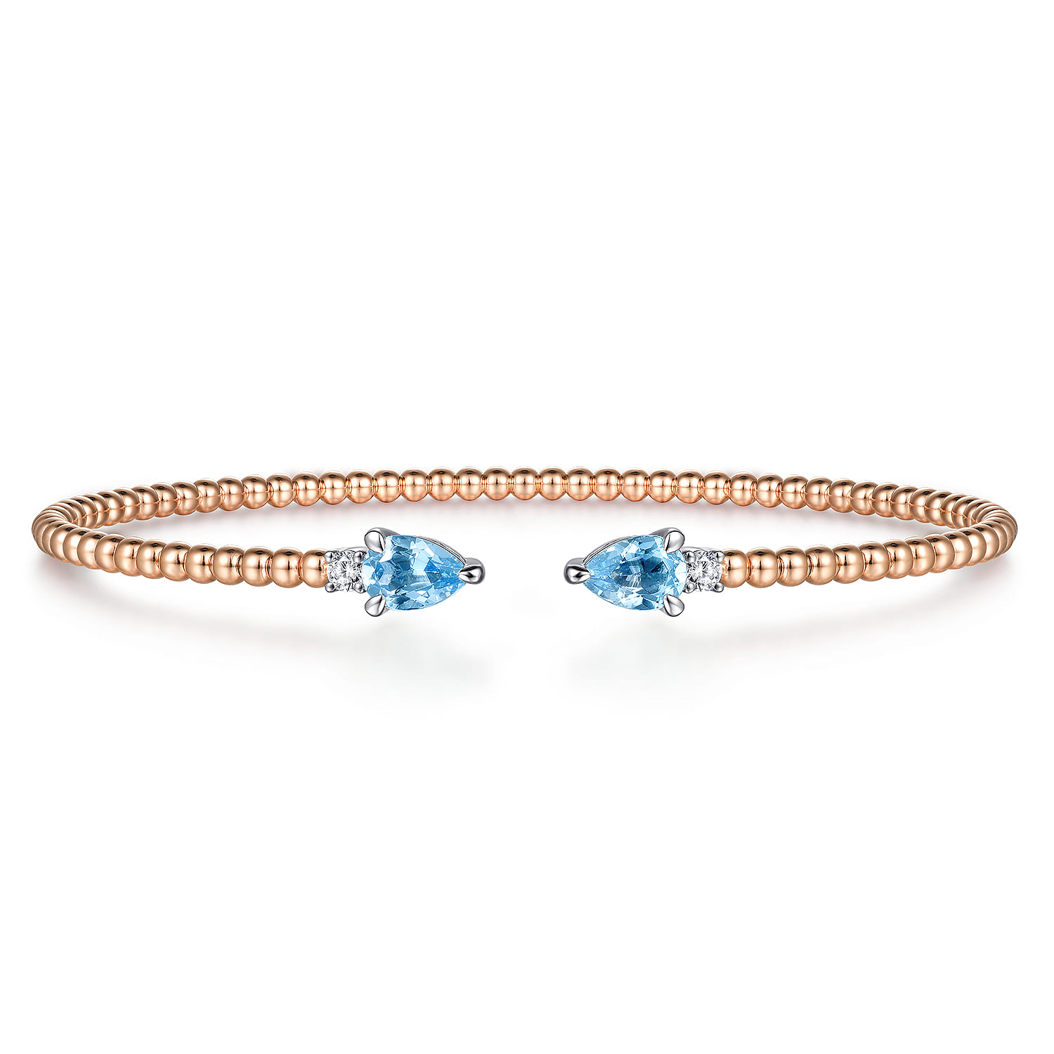 14K White-Rose Gold Bujukan Open Cuff Bracelet with Blue Topaz and Diamond End Caps - 0.09 ct - Shot 1