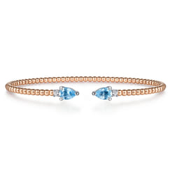 14K White-Rose Gold Bujukan Open Cuff Bracelet with Blue Topaz and Diamond End Caps