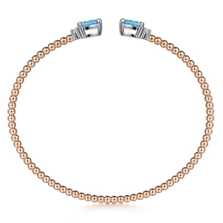 14K White-Rose Gold Bujukan Open Cuff Bracelet with Blue Topaz and Diamond End Caps - 0.09 ct - Shot 3