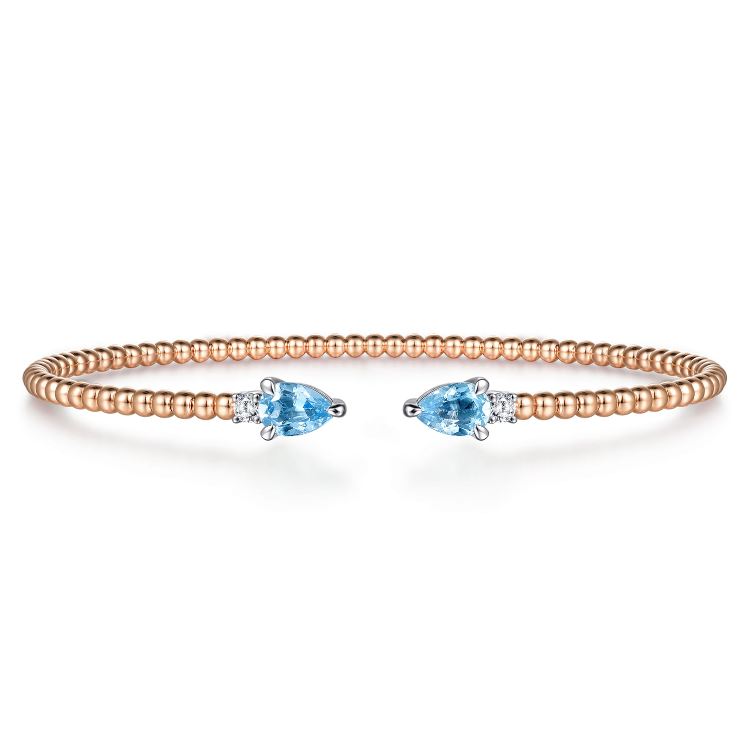 14K White-Rose Gold Bujukan Open Cuff Bracelet with Blue Topaz and Diamond End Caps