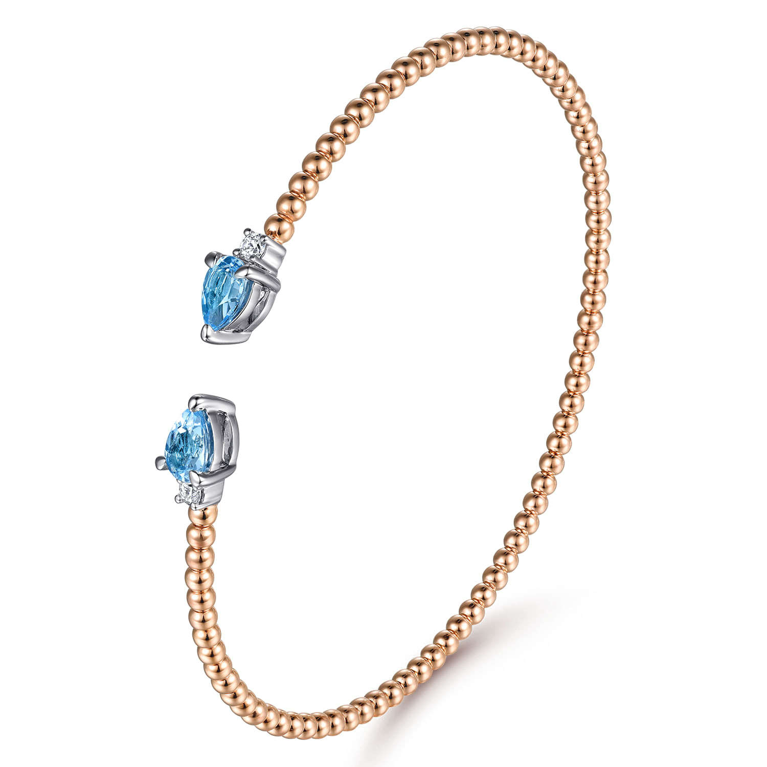 14K White-Rose Gold Bujukan Open Cuff Bracelet with Blue Topaz and Diamond End Caps