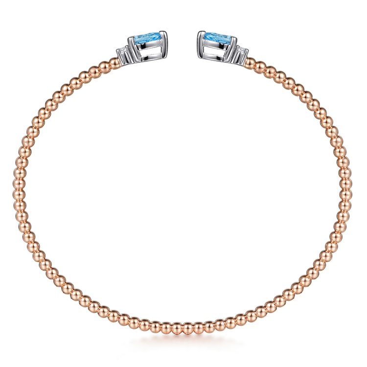 14K White-Rose Gold Bujukan Open Cuff Bracelet with Blue Topaz and Diamond End Caps