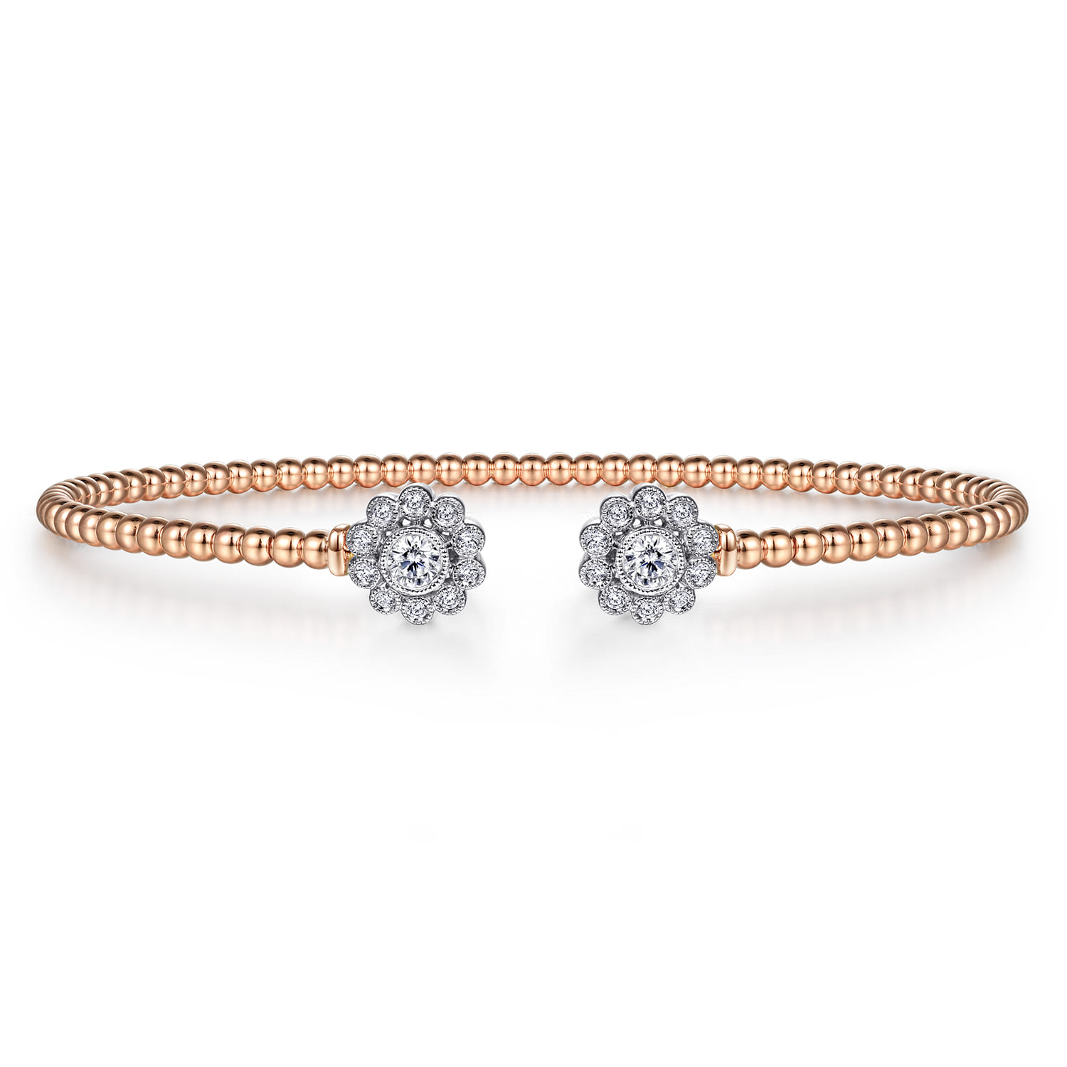14K White Rose Gold Bujukan Split Cuff Bracelet with Diamond Flowers - 0.24 ct - Shot 1