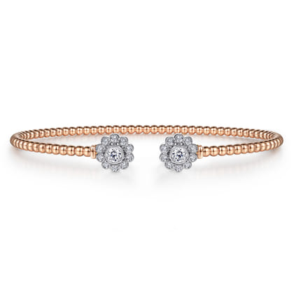 14K White Rose Gold Bujukan Split Cuff Bracelet with Diamond Flowers