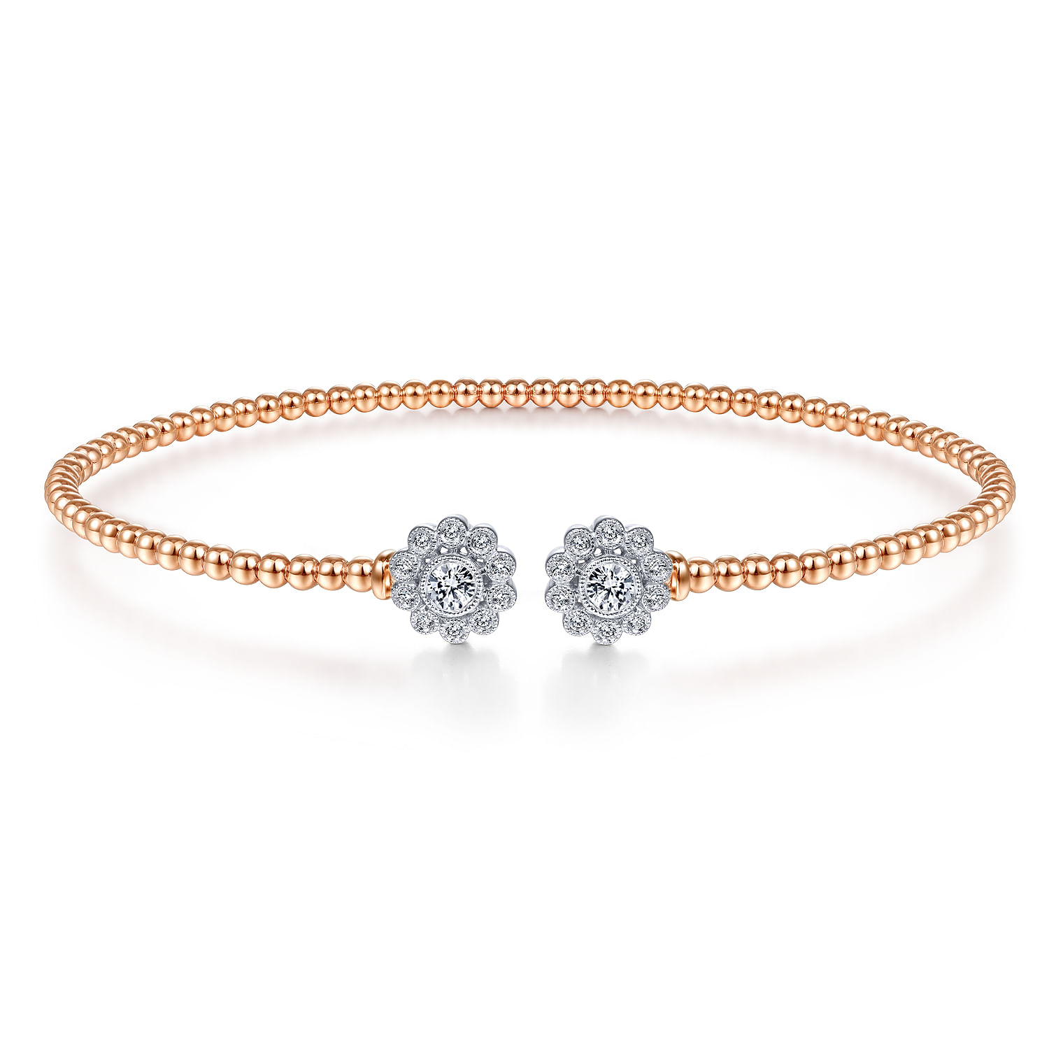 14K White Rose Gold Bujukan Split Cuff Bracelet with Diamond Flowers