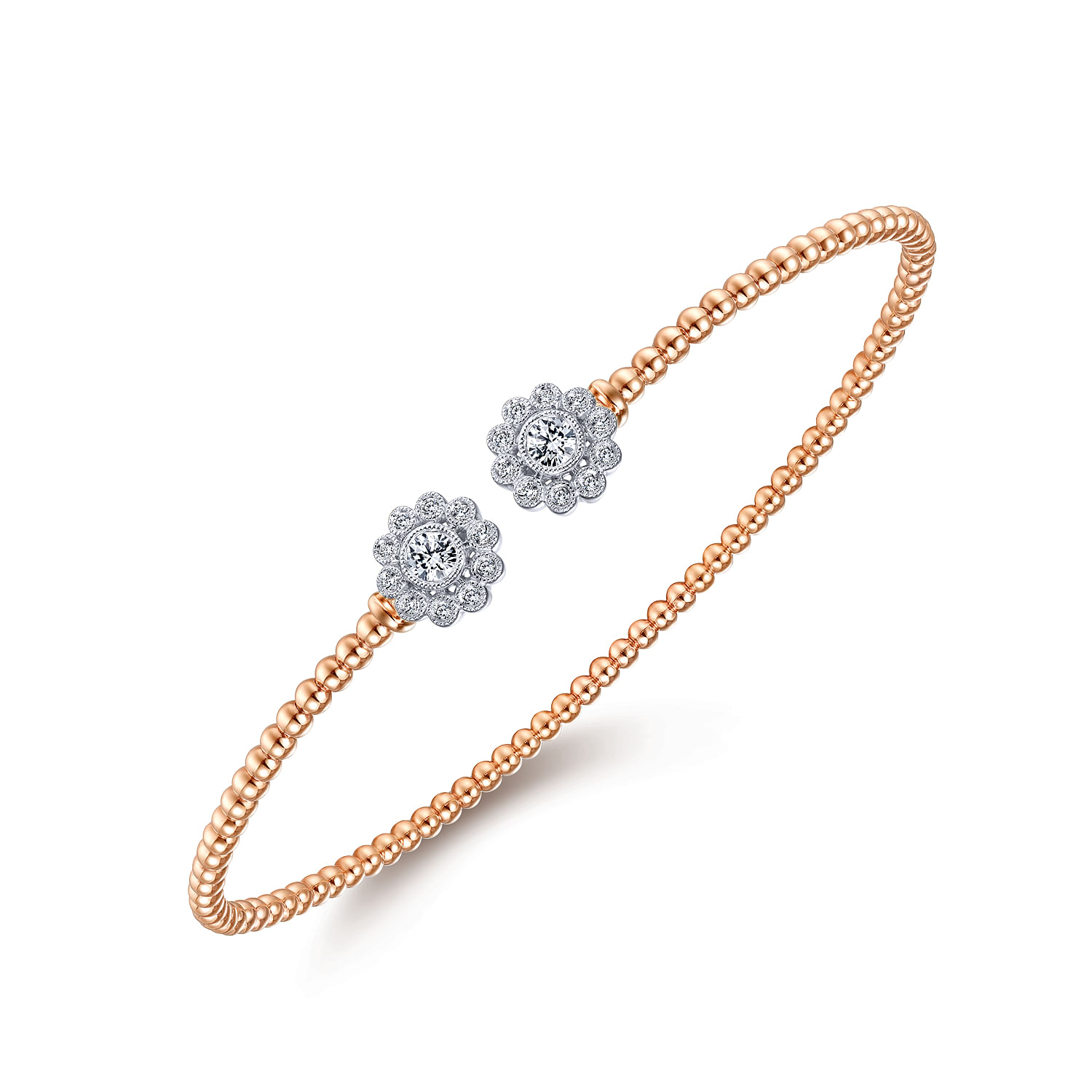 14K White Rose Gold Bujukan Split Cuff Bracelet with Diamond Flowers