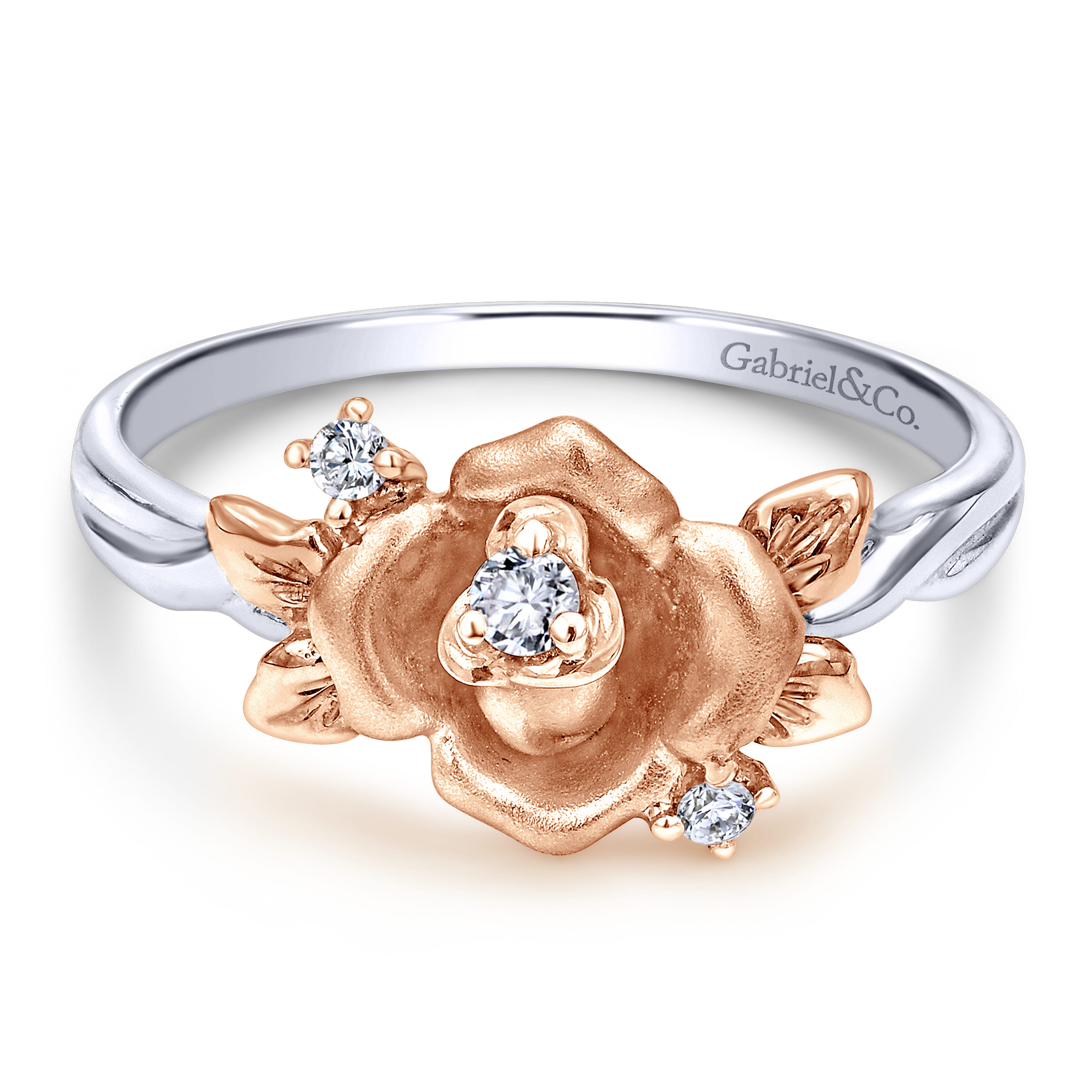 14K White-Rose Gold Classic Floral Twisted Diamond Ring - 0.04 ct - Shot 1