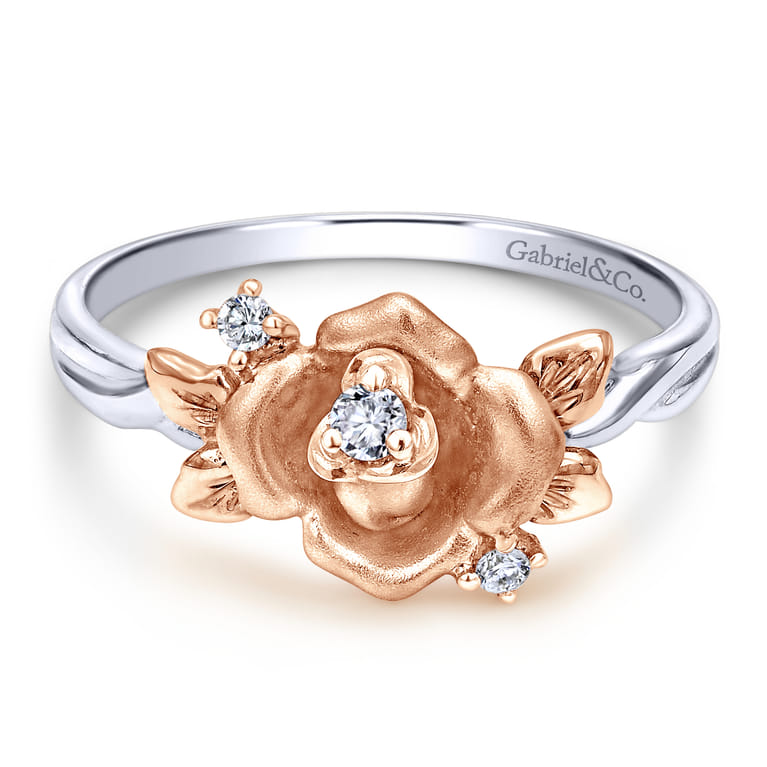 14K White-Rose Gold Classic Floral Twisted Diamond Ring - 0.04 ct - Shot 1