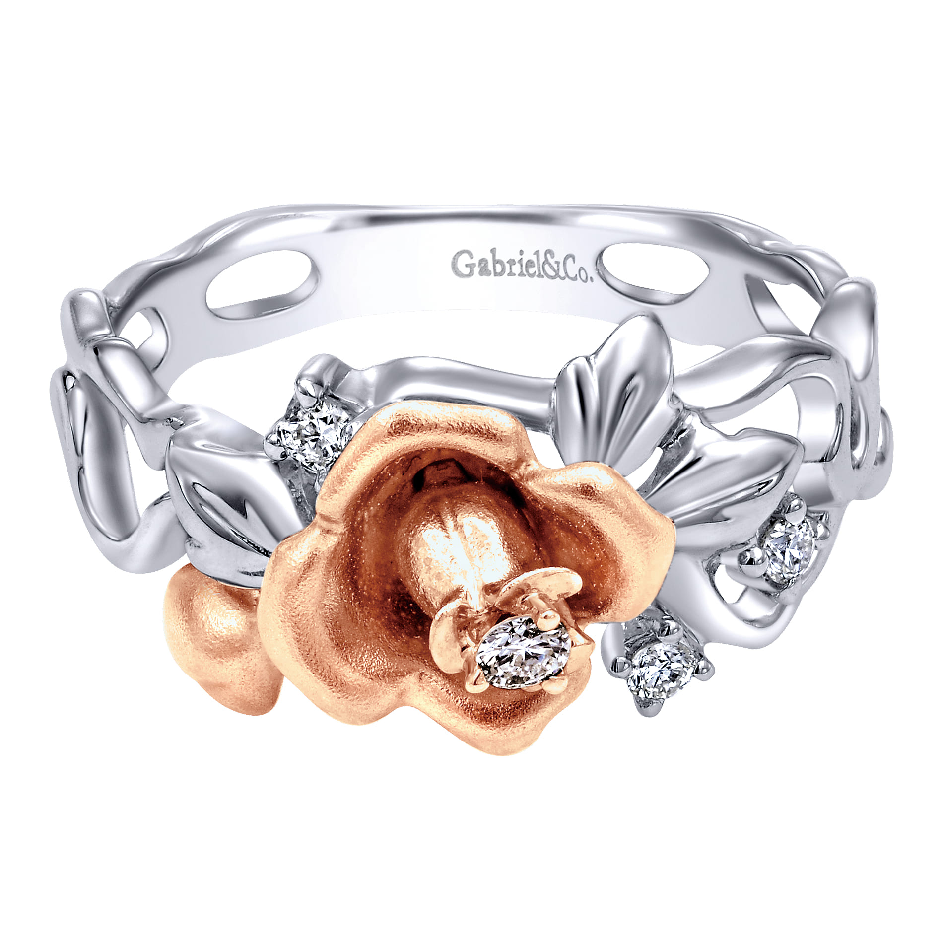 14K White-Rose Gold Floral Cluster Ring with Diamond Accents - 0.09 ct - Shot 1