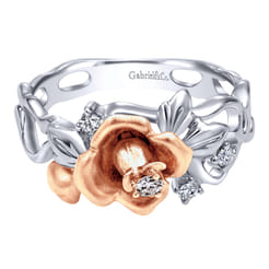 14K White-Rose Gold Floral Cluster Ring with Diamond Accents