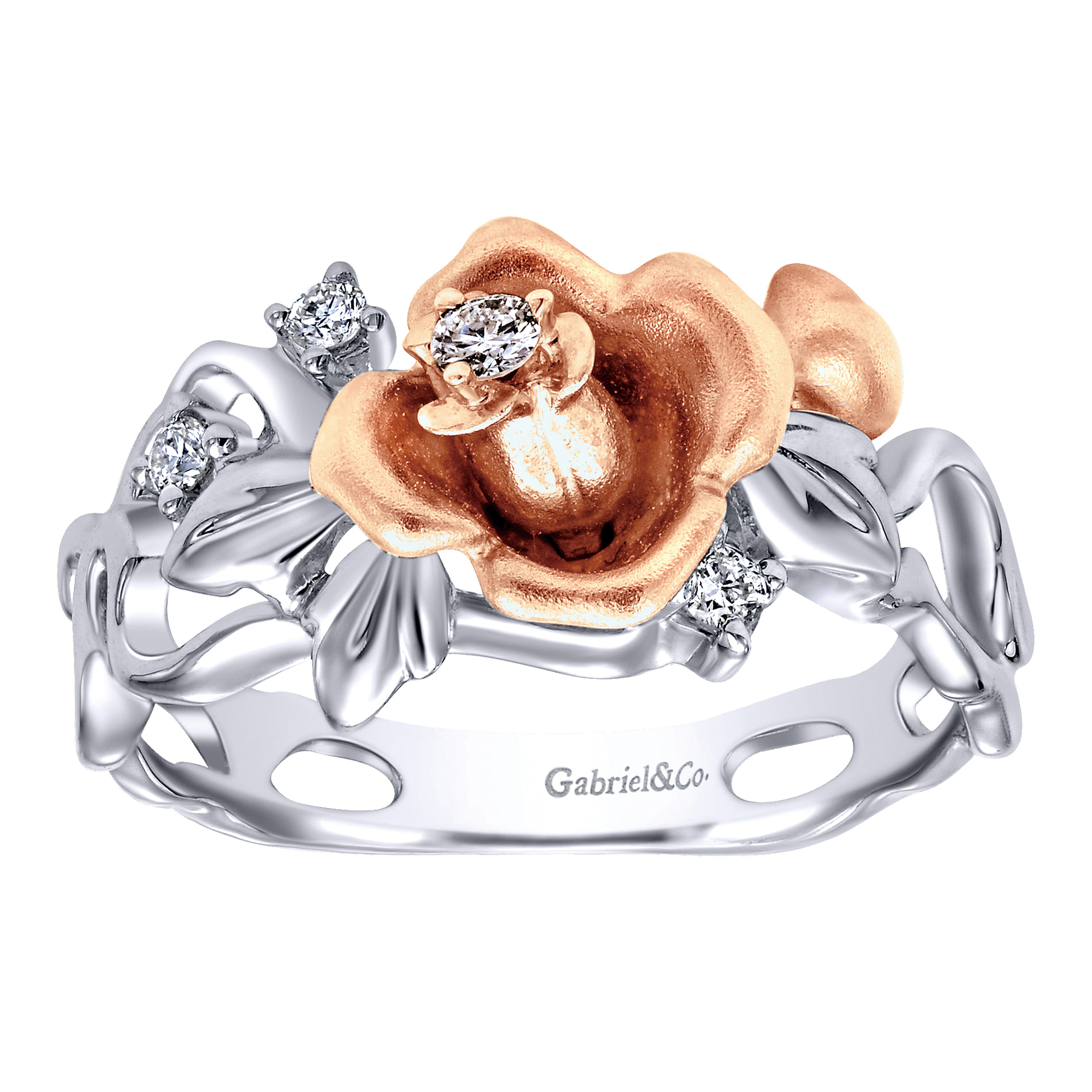 14K White-Rose Gold Floral Cluster Ring with Diamond Accents - 0.09 ct - Shot 4
