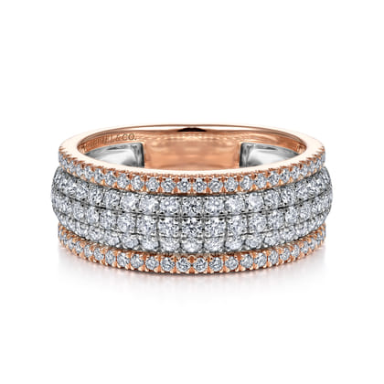 14K White-Rose Gold Pave Diamond Wide Band Ring