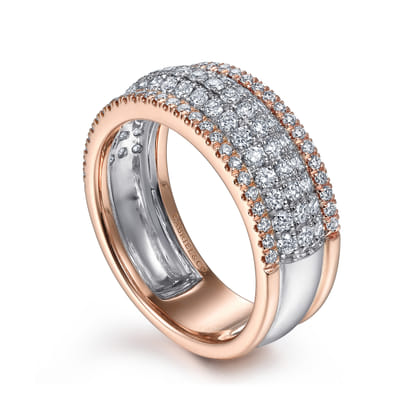 14K White-Rose Gold Pave Diamond Wide Band Ring