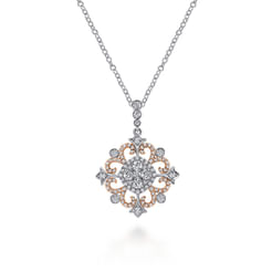 14K White-Rose Gold Round Openwork Diamond Pendant Necklace