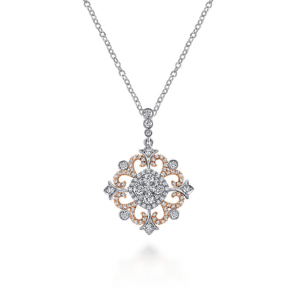 14K White-Rose Gold Round Openwork Diamond Pendant Necklace