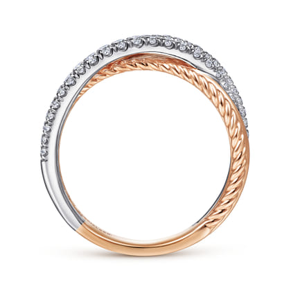 14K White-Rose Gold Twisted Rope and Diamond Criss Cross Ring