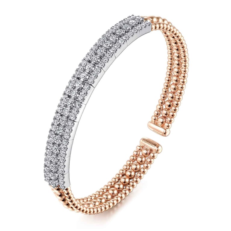 14K White-Rose Gold Wide Bujukan Diamond Cuff Bracelet - 1.85 ct - Shot 2