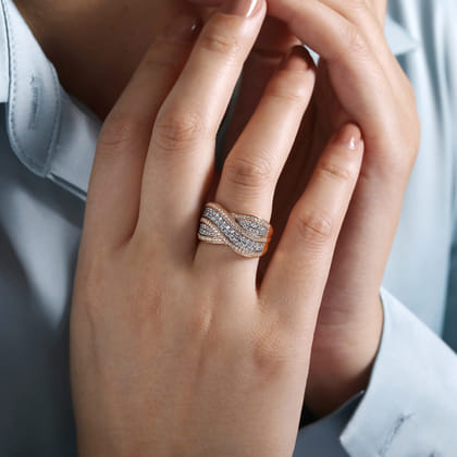 14K White-Rose Wide Diamond Channel Criss Cross Ring