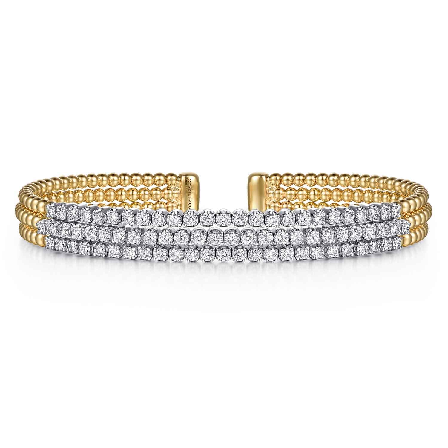 14K White  Yellow Bujukan and Diamond Multi Row Split Bangle Bracelet - 1.35 ct - Shot 1