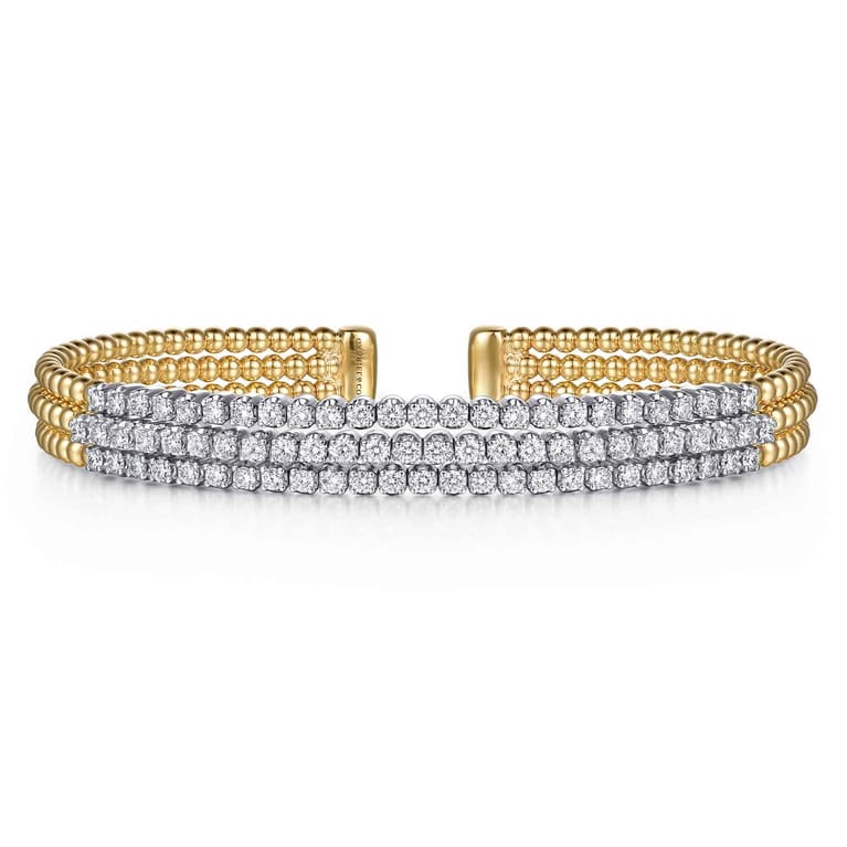 14K White  Yellow Bujukan and Diamond Multi Row Split Bangle Bracelet - 1.35 ct - Shot 1