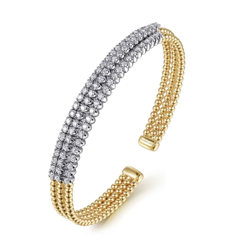 14K White  Yellow Bujukan and Diamond Multi Row Split Bangle Bracelet - 1.35 ct - Shot 2