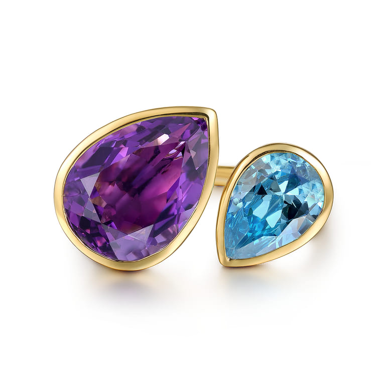 14K White  Yellow Gold Amethyst and Blue Topaz Open Ring - Shot 1