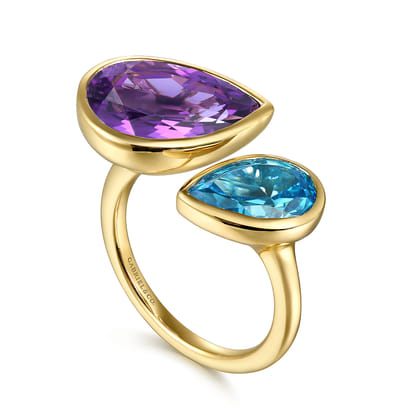 14K White  Yellow Gold Amethyst and Blue Topaz Open Ring