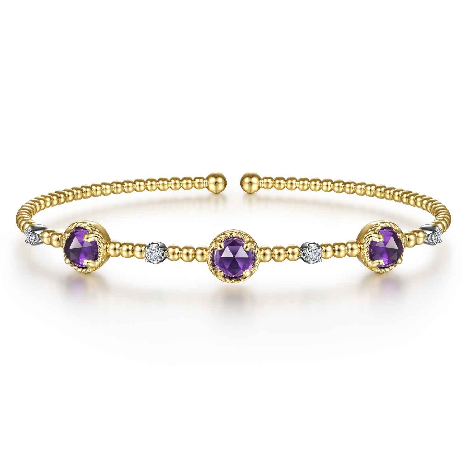 14K White-Yellow Gold Amethyst and Diamond Station Bujukan Bangle - 0.11 ct - Shot 1