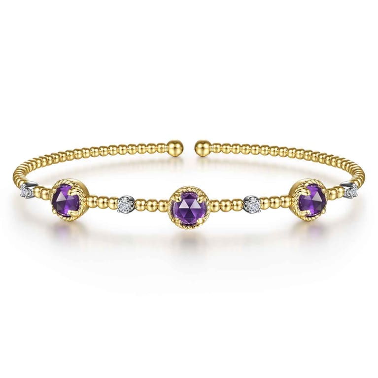 14K White-Yellow Gold Amethyst and Diamond Station Bujukan Bangle - 0.11 ct - Shot 1