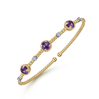 14K White-Yellow Gold Amethyst and Diamond Station Bujukan Bangle