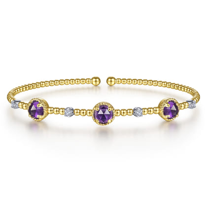 14K White-Yellow Gold Amethyst and Diamond Station Bujukan Bangle