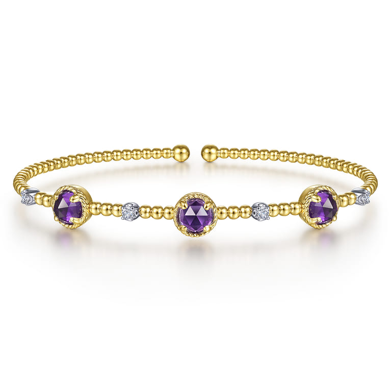 14K White-Yellow Gold Amethyst and Diamond Station Bujukan Bangle - 0.12 ct - Shot 1