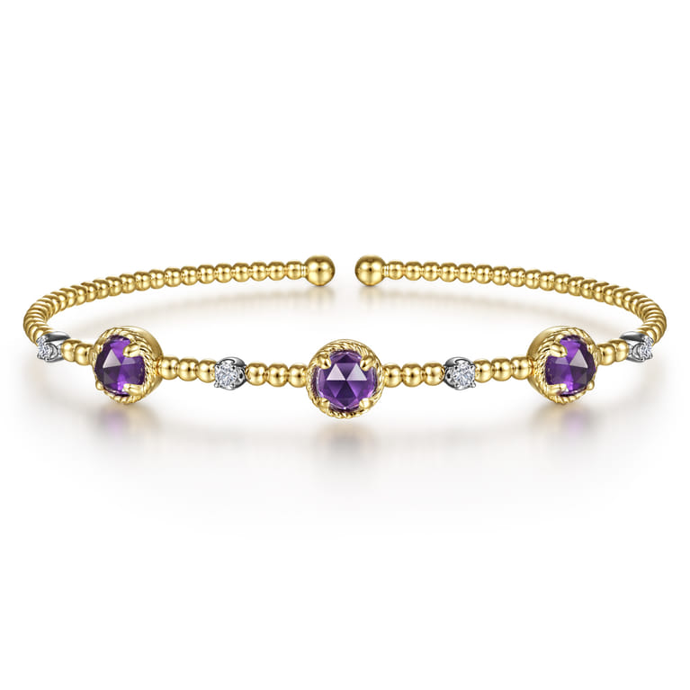 14K White-Yellow Gold Amethyst and Diamond Station Bujukan Bangle - 0.12 ct - Shot 1
