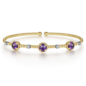 14K White-Yellow Gold Amethyst and Diamond Station Bujukan Bangle