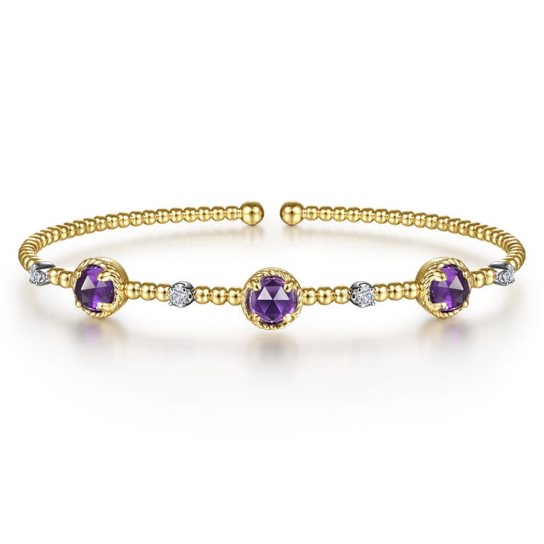 14K White-Yellow Gold Amethyst and Diamond Station Bujukan Bangle - 0.11 ct - Shot 1