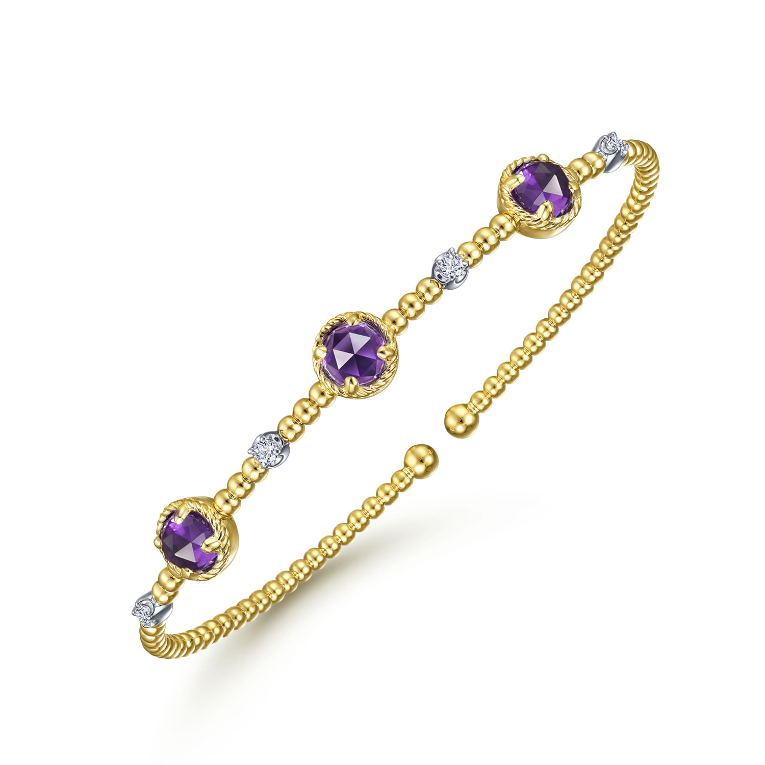 14K White-Yellow Gold Amethyst and Diamond Station Bujukan Bangle