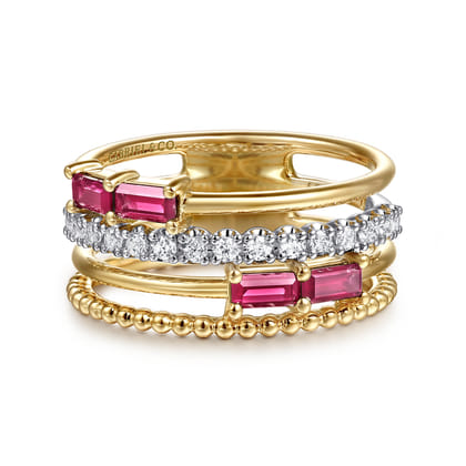 14K White  Yellow Gold Baguette Ruby and Diamond Easy Stackable Ring