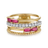 14K White  Yellow Gold Baguette Ruby and Diamond Easy Stackable Ring - 0.2 ct