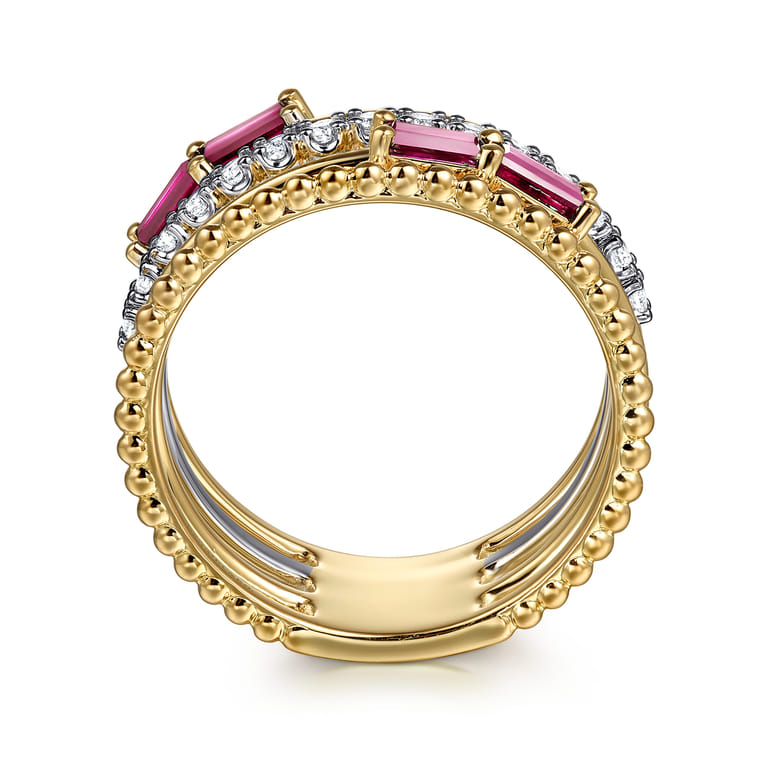 14K White  Yellow Gold Baguette Ruby and Diamond Easy Stackable Ring - 0.2 ct - Shot 2